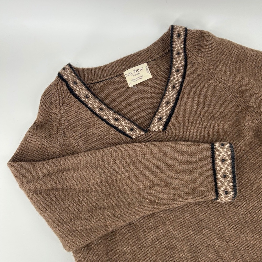 Rey‎ Wear Exclusive Brown 100% Merino Wool V-Neck Sweater Made in Peru Mens XL